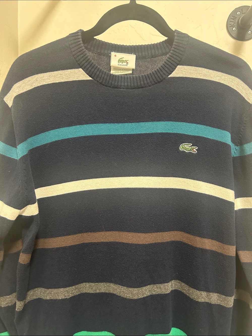Lacoste Men’s Navy Crewneck Sweater with Teal, White, Brown Stripes